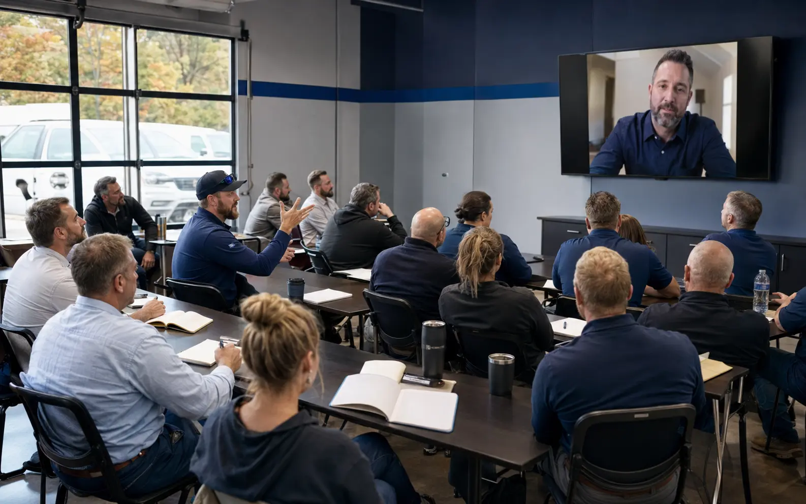 The original leadership cohort meeting together with the facilitator on a large video screen